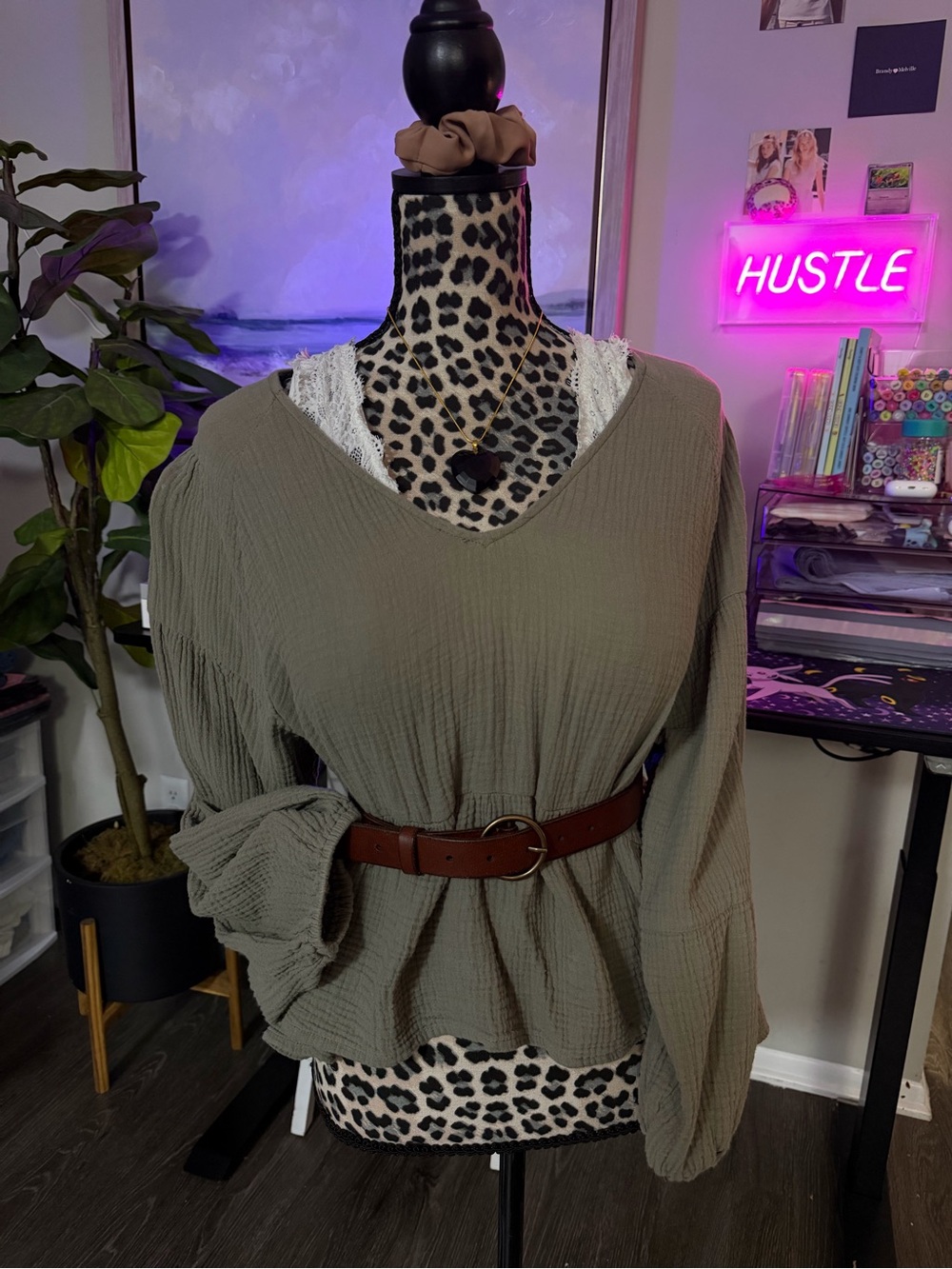 Altar’d State Olive Green Gauze V-Neck Top | Size M